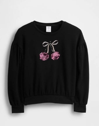 Gap Kız Çocuk Kiraz ve Kurdele Pullu Bisiklet Yaka Sweatshirt  6-16 Yaş SİYAH