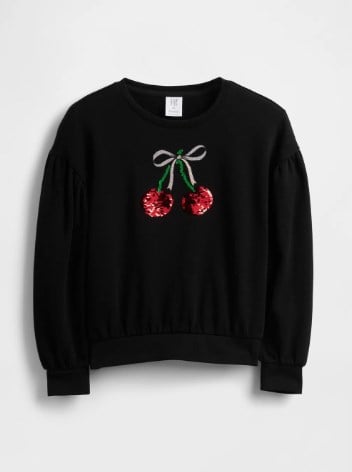 Gap Kız Çocuk Kiraz ve Kurdele Pullu Bisiklet Yaka Sweatshirt  6-16 Yaş SİYAH