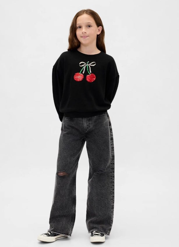Gap Kız Çocuk Kiraz ve Kurdele Pullu Bisiklet Yaka Sweatshirt  6-16 Yaş SİYAH