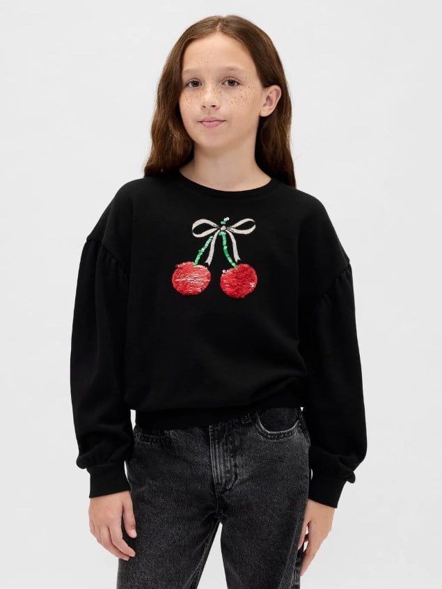 Gap Kız Çocuk Kiraz ve Kurdele Pullu Bisiklet Yaka Sweatshirt  6-16 Yaş SİYAH