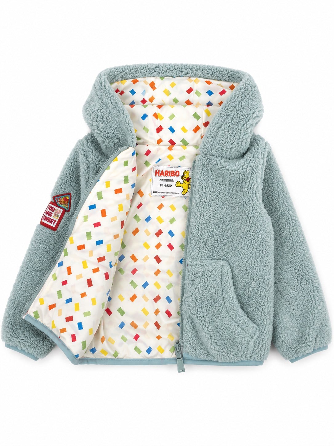 Haribo Lisanslı Unisex Çocuk Polar Hırka - Jelibon Desenli Astarlı Kapüşonlu Pelüş Mont YEŞİL