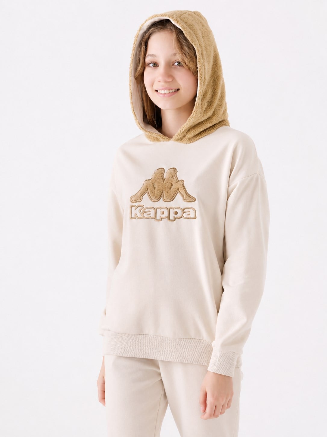 Kappa Kız Çocuk Nakış Logolu Kapüşonlu Peluş  Sweatshirt 5-16 Yaş BEJ