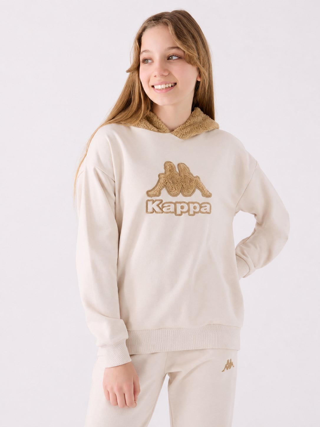 Kappa Kız Çocuk Nakış Logolu Kapüşonlu Peluş  Sweatshirt 5-16 Yaş BEJ