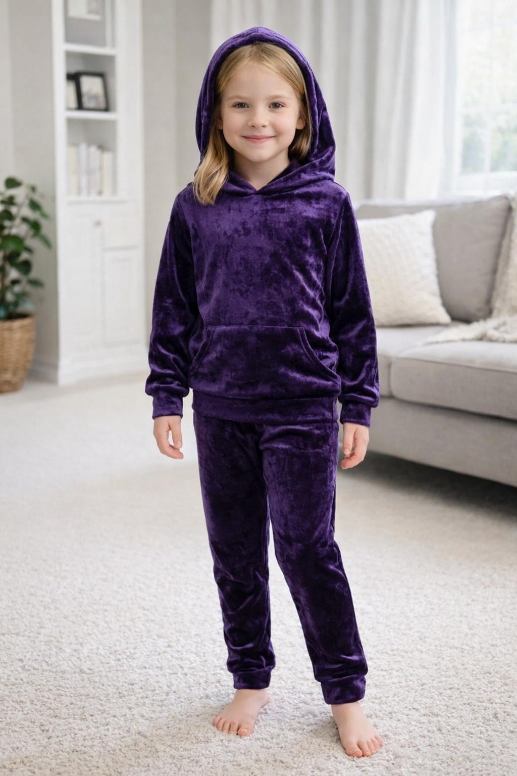 Lovetti Kız Çocuk Kadife Kapşonlu Pijama Takımı 5-16 Yaş MOR