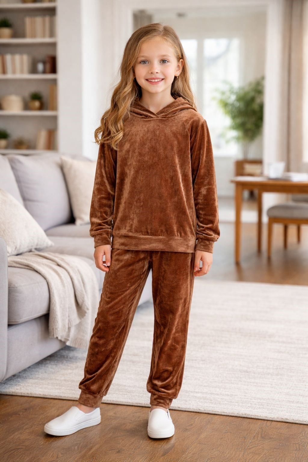 Lovetti Kız Çocuk Kadife Kapşonlu Pijama Takımı 5-16 Yaş KAHVE