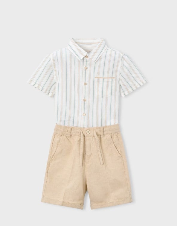 Mayoral Erkek Çocuk Keten Karışımlı Çizgili Gömlek ve Şort Takımı 2-10 Yaş BEJ