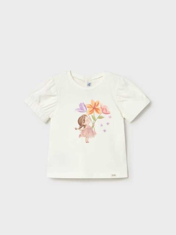 Mayoral Kız Bebek İşlemeli Balon Kol T-shirt 0-4 Yaş BEYAZ