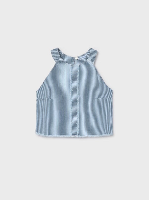 Mayoral Kız Çocuk  Çizgili Halter Yaka Denim Görünümlü Pamuklu Bluz 8-18 Yaş MAVİ