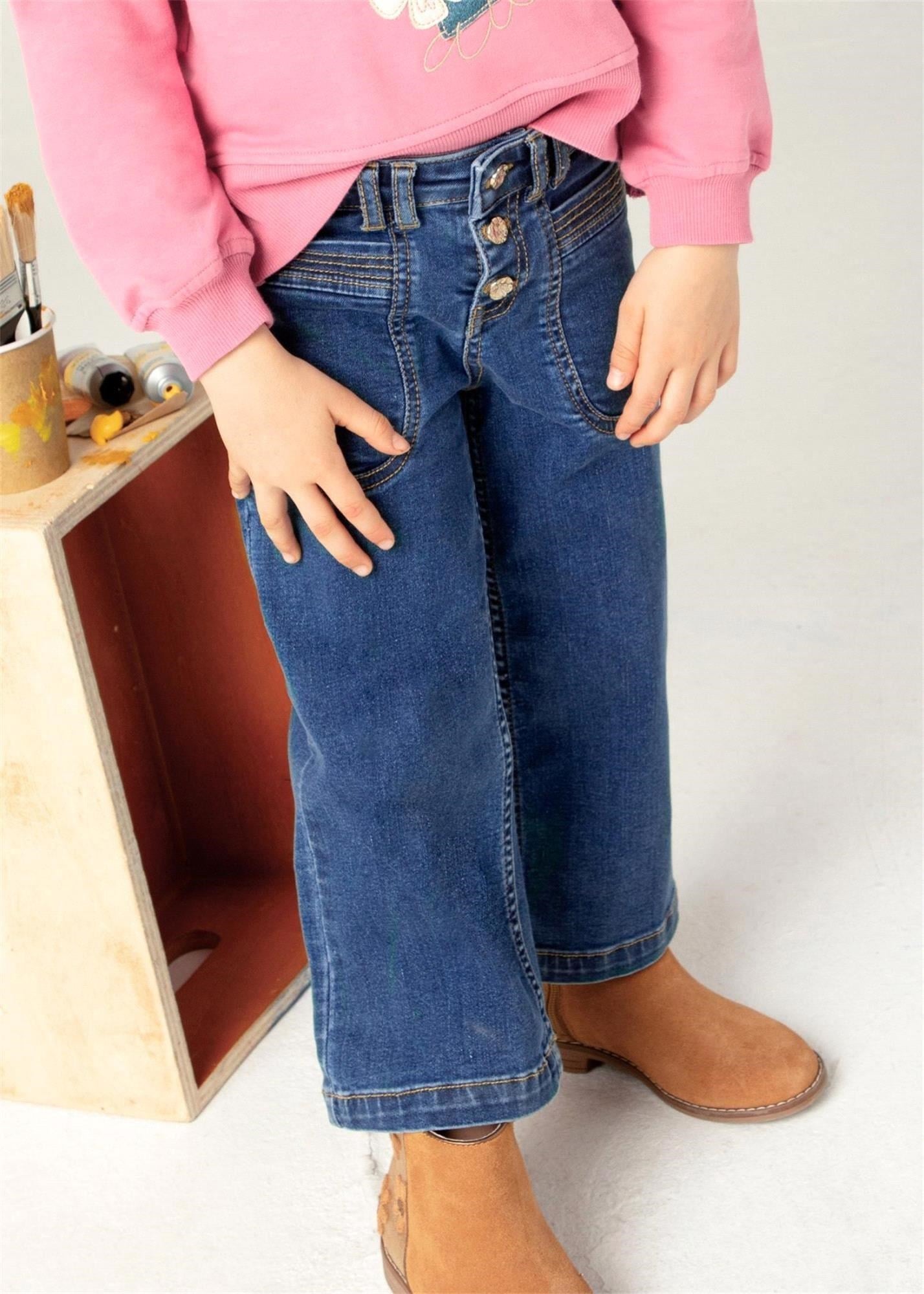 Mayoral Önü Düğmeli Yüksek Bel Geniş Paça Denim Kız Çocuk Kot Pantolon 2-10 Yaş LACİVERT