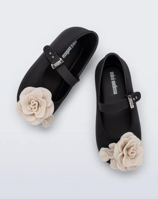 Mini Melissa Kız Çocuk Çiçek Kabartmalı Kokulu Bantlı Babet 22-30 SİYAH - BEJ
