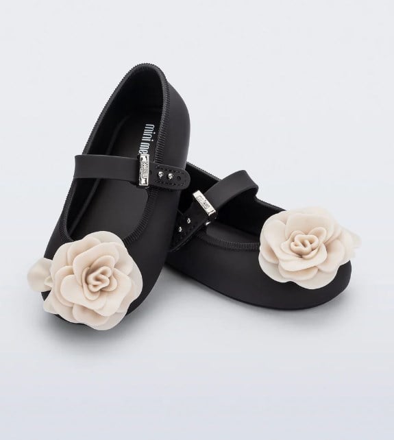 Mini Melissa Kız Çocuk Çiçek Kabartmalı Kokulu Bantlı Babet 22-30 SİYAH - BEJ