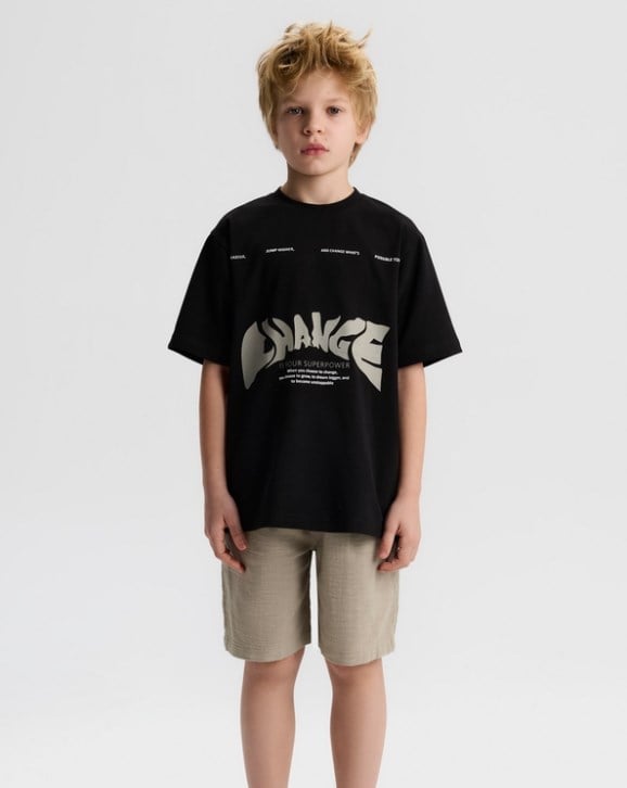 Nk Erkek Çocuk Chang Yazılı Grafik Baskılı Oversize Tshirt 8-14 Yaş SİYAH