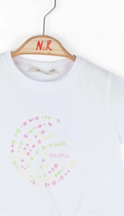 Nk Kız Bebek Bisiklet Yaka Kısa Kollu Renkli Baskılı Tişört 1-4 Yaş EKRU - PEMBE