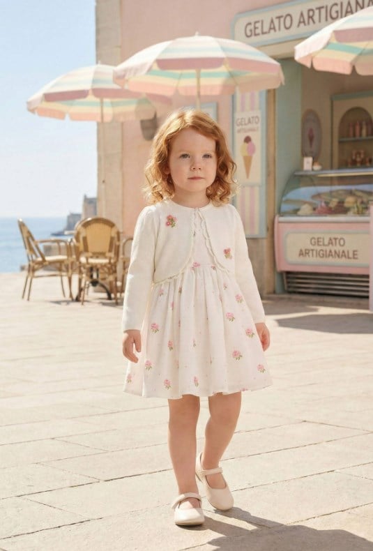 Pamina Kız Bebek İşlemeli Gül Desenli Elbise 6-24 Ay EKRU