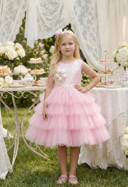 Pamina Kız Çocuk Balon Detaylı Abiye Elbise 3-7 Yaş PEMBE