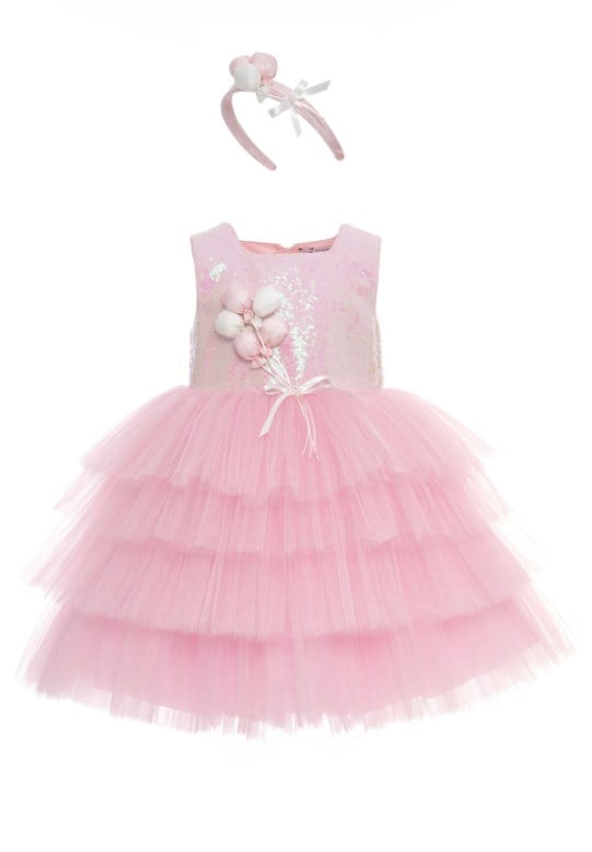 Pamina Kız Çocuk Balon Detaylı Abiye Elbise 3-7 Yaş PEMBE