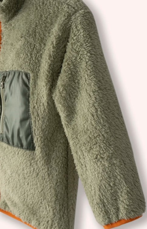 Panço Erkek Bebek Uzun Kollu Dik Yaka Cep Detaylı Peluş Ceket 0-3 Yaş HAKİ