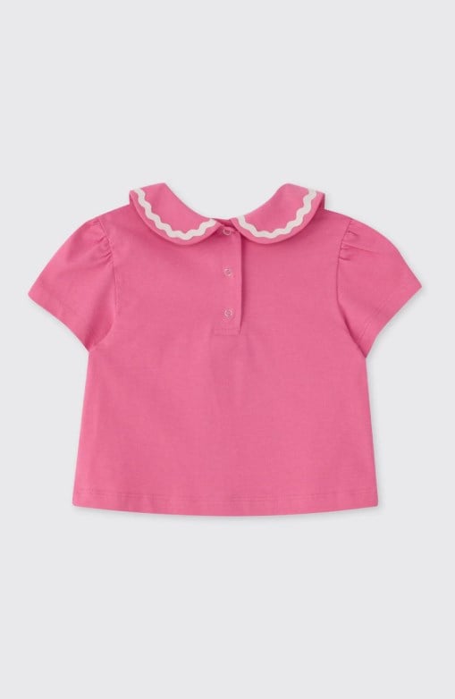 Panço Kız Bebek Bebe Yaka Kontrast Şeritli Kız Bebek Tişört 0-5 Yaş PEMBE