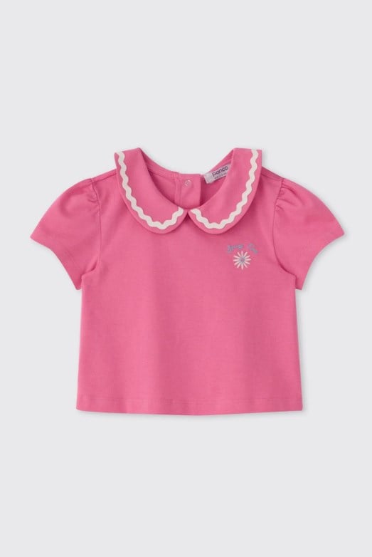 Panço Kız Bebek Bebe Yaka Kontrast Şeritli Kız Bebek Tişört 0-5 Yaş PEMBE