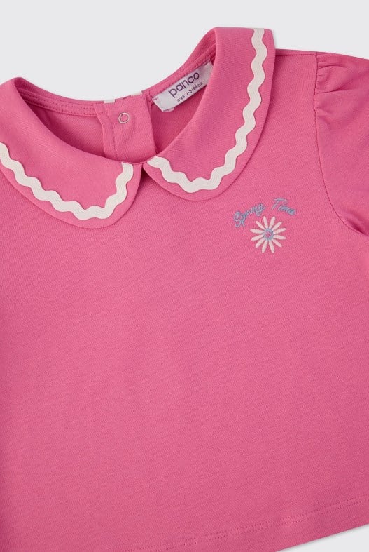 Panço Kız Bebek Bebe Yaka Kontrast Şeritli Kız Bebek Tişört 0-5 Yaş PEMBE