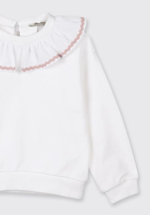 Panço Kız Bebek Fırfır Yaka Detaylı Dokulu  Sweatshirt 0-5 Yaş BEYAZ