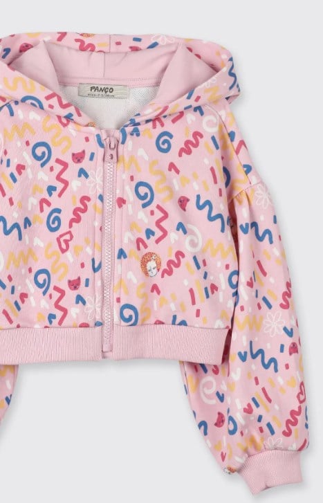 Panço Kız Bebek Renkli Desenli Kapüşonlu Fermuarlı Sweatshirt 0-5 Yaş PEMBE