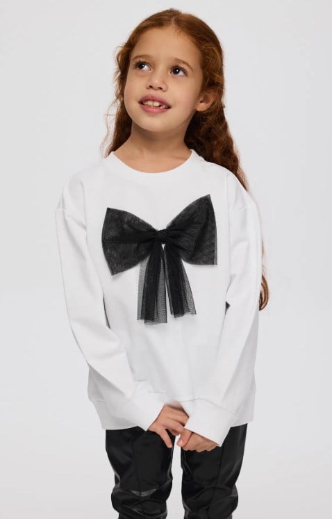 Panço Kız Çocuk  Büyük Fiyonk Detaylı Sweatshirt 5-12 Yaş BEYAZ