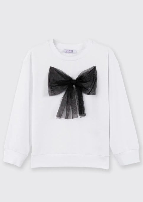 Panço Kız Çocuk  Büyük Fiyonk Detaylı Sweatshirt 5-12 Yaş BEYAZ