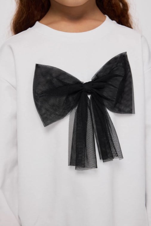 Panço Kız Çocuk  Büyük Fiyonk Detaylı Sweatshirt 5-12 Yaş BEYAZ