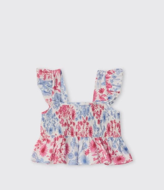 Panço Kız Çocuk Çiçek Desenli  Kolsuz Bluz 5-12 Yaş PEMBE