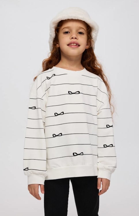 Panço Kız Çocuk Fiyonk Baskı Sweatshirt 5-10 Yaş EKRU