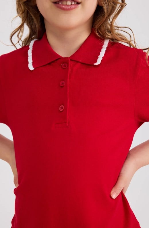 Panço Kız Çocuk Polo Yaka Pileli Örme Elbise 4-12 Yaş KIRMIZI
