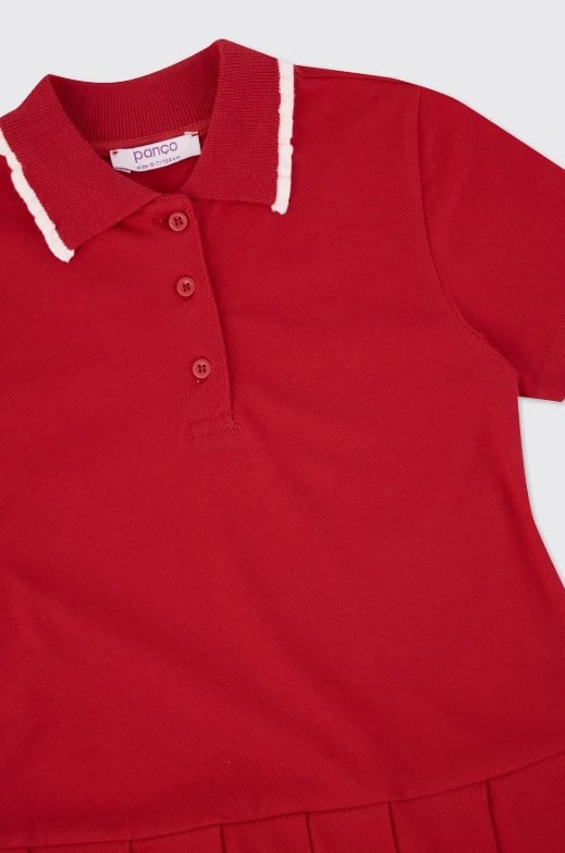 Panço Kız Çocuk Polo Yaka Pileli Örme Elbise 4-12 Yaş KIRMIZI