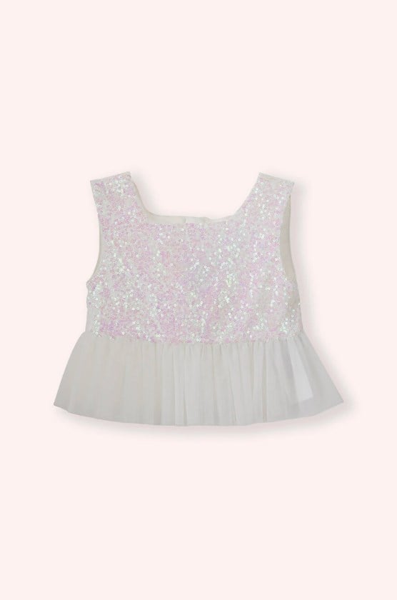 Panço Kız Çocuk Pul Payetli  İspanyol Paça Pantolon ve Crop Takım 3-9 Yaş BEYAZ - PEMBE