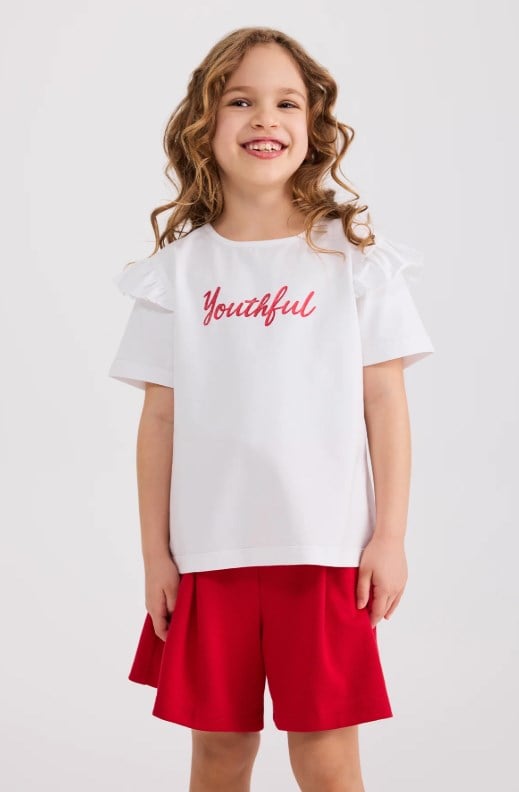 Panço Kız Çocuk Youthful Baskılı Fırfırlı Kısa Kollu Tişört 4-12 Yaş BEYAZ