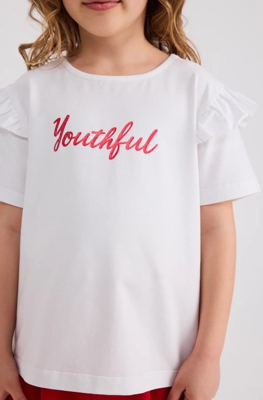 Panço Kız Çocuk Youthful Baskılı Fırfırlı Kısa Kollu Tişört 4-12 Yaş BEYAZ
