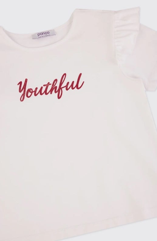 Panço Kız Çocuk Youthful Baskılı Fırfırlı Kısa Kollu Tişört 4-12 Yaş BEYAZ