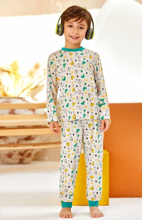 Pikidor Erkek Çocuk Dinazor Baskılı Uzun Kollu Pijama Takımı 3-8 Yaş YEŞİL