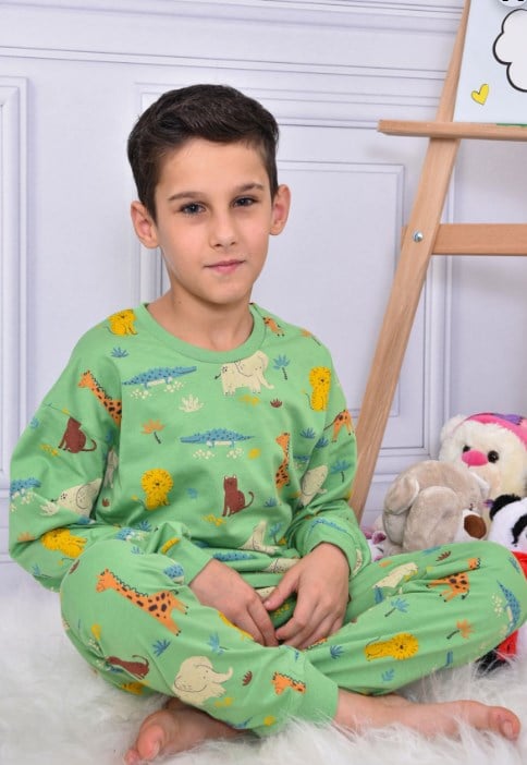 Pikidor Erkek Çocuk Hayvan Baskılı Uzun Kollu Pijama Takımı 4-8 Yaş YEŞİL