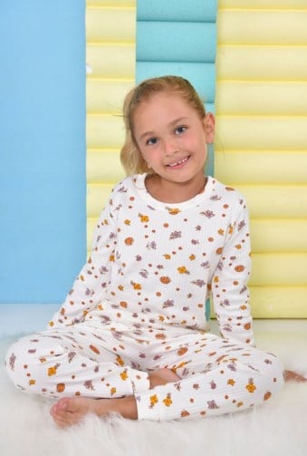 Pikidor Kız Çocuk Çiçek Baskılı Fitilli Pijama Takımı 3-8 Yaş EKRU