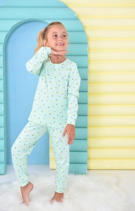 Pikidor Kız Çocuk Lale Baskı Fitilli Uzun Kollu Pijama Takımı 4-8 Yaş YEŞİL
