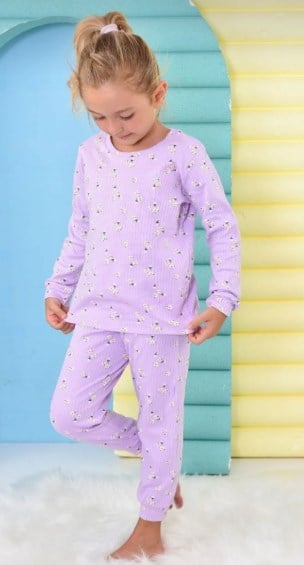 Pikidor Kız Çocuk Papatya Baskı Fitilli Kumaş Uzun Kollu Pijama Takımı 4-8 Yaş LİLA