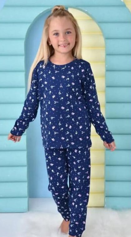 Pikidor Kız Çocuk Yaprak Baskı Fitilli Uzun Kollu Pijama Takımı 4-8 Yaş LACİVERT