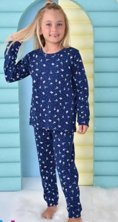 Pikidor Kız Çocuk Yaprak Baskı Fitilli Uzun Kollu Pijama Takımı 4-8 Yaş LACİVERT
