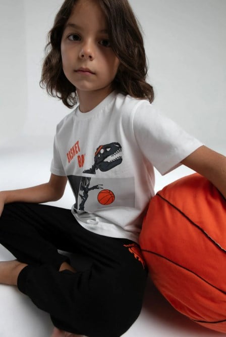 RolyPoly Erkek Çocuk Basketboll Dinazor Baskı Takım 4-8 Yaş BEYAZ
