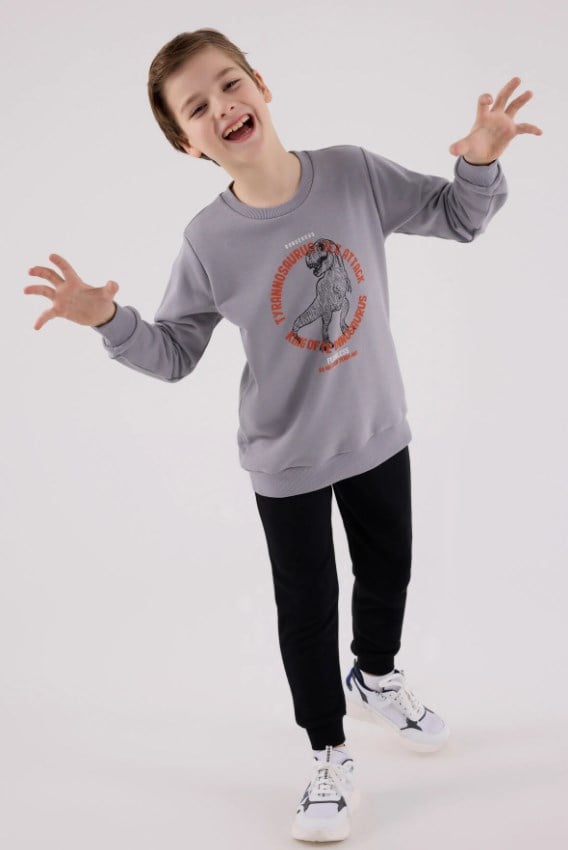 RolyPoly Erkek Çocuk Dinozor Baskılı Yeşil Bisiklet Yaka Sweatshirt ve Eşofman Takımı 8-14  Yaş GRİ