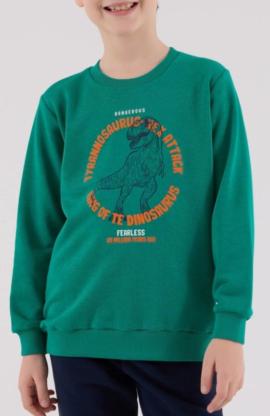 RolyPoly Erkek Çocuk Dinozor Baskılı Yeşil Bisiklet Yaka Sweatshirt ve Eşofman Takımı 8-14  Yaş KOYU YEŞİL