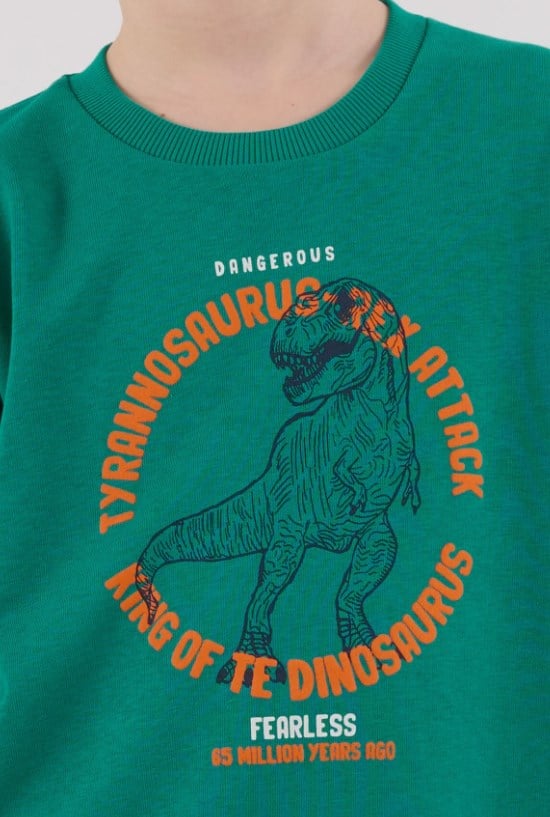 RolyPoly Erkek Çocuk Dinozor Baskılı Yeşil Bisiklet Yaka Sweatshirt ve Eşofman Takımı 2-8 Yaş KOYU YEŞİL