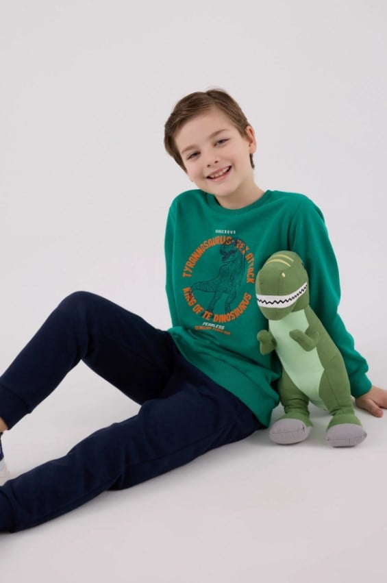 RolyPoly Erkek Çocuk Dinozor Baskılı Yeşil Bisiklet Yaka Sweatshirt ve Eşofman Takımı 8-14  Yaş KOYU YEŞİL