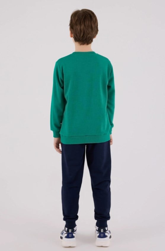 RolyPoly Erkek Çocuk Dinozor Baskılı Yeşil Bisiklet Yaka Sweatshirt ve Eşofman Takımı 8-14  Yaş KOYU YEŞİL